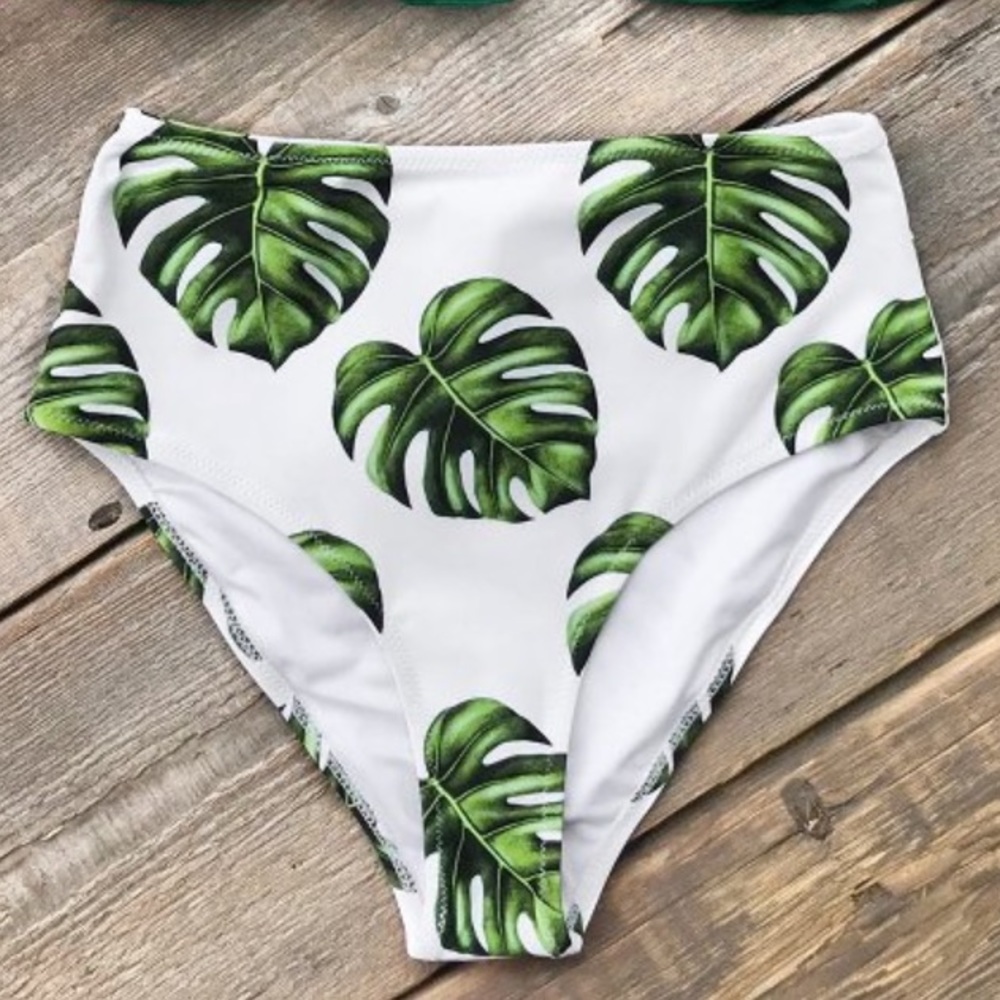 Cupshe High-Waist/High-Leg Cheeky Bikini‎ Bottom White Green Palm Print Size XXL